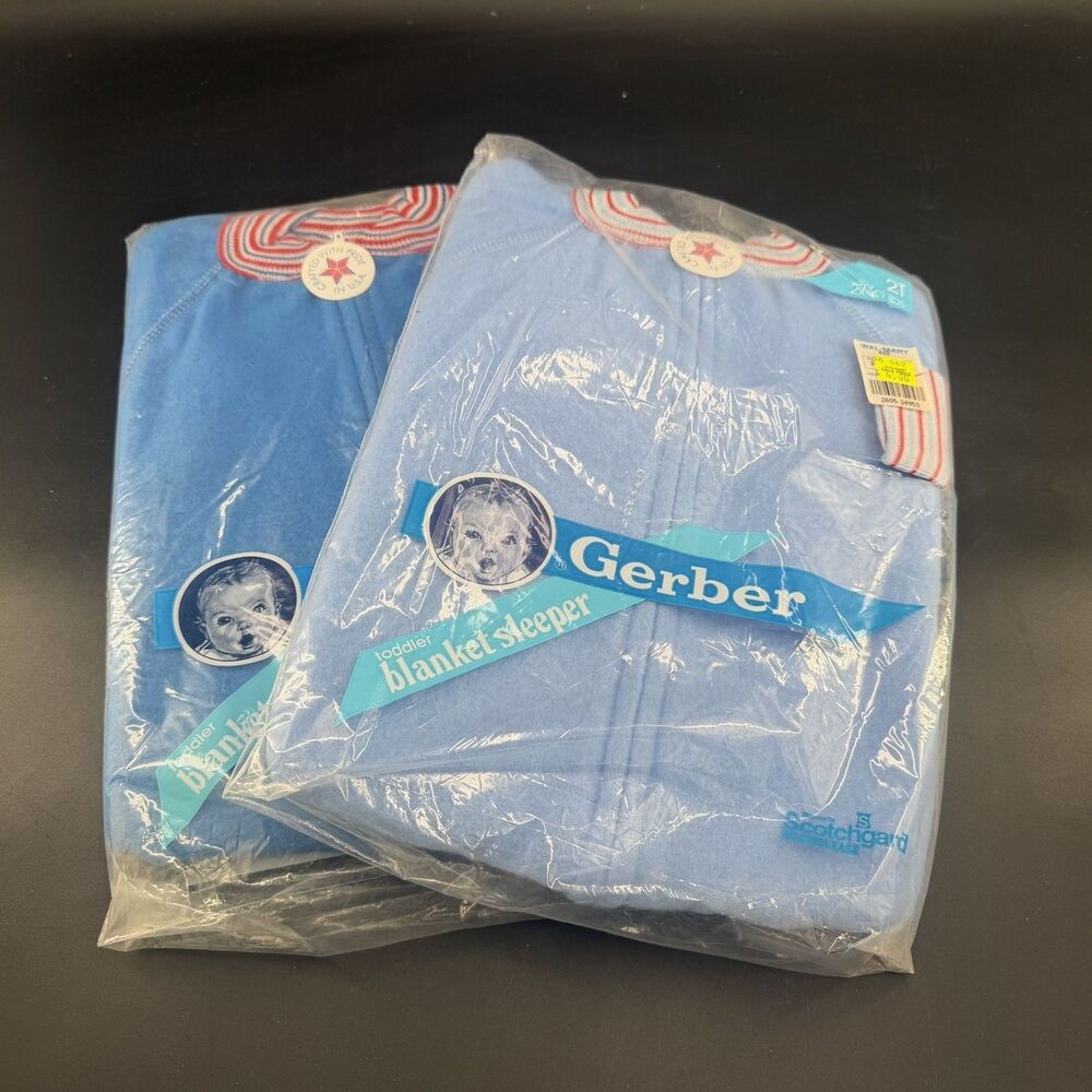 (2) New Vintage Gerber 2T Toddler Blanket Sleeper Footie Pajamas USA Blue